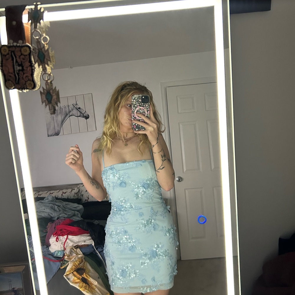 Chic Light Blue Floral  Mini Dress
